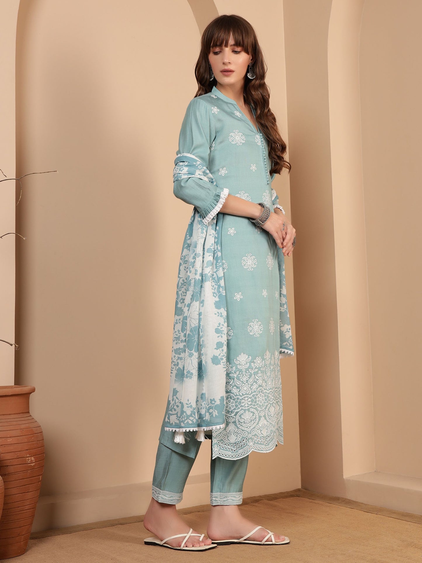 Powder Blue Embroidered Viscose Women's Kurta, Pyjama & Dupatta Set