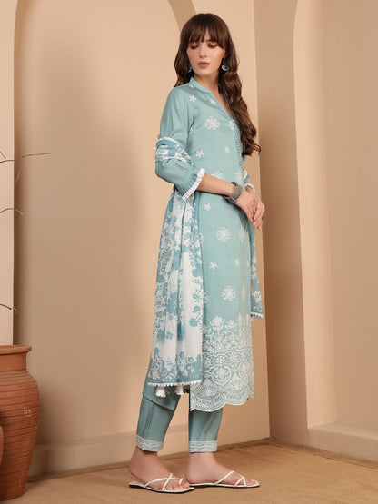Powder Blue Embroidered Viscose Women's Kurta, Pyjama & Dupatta Set