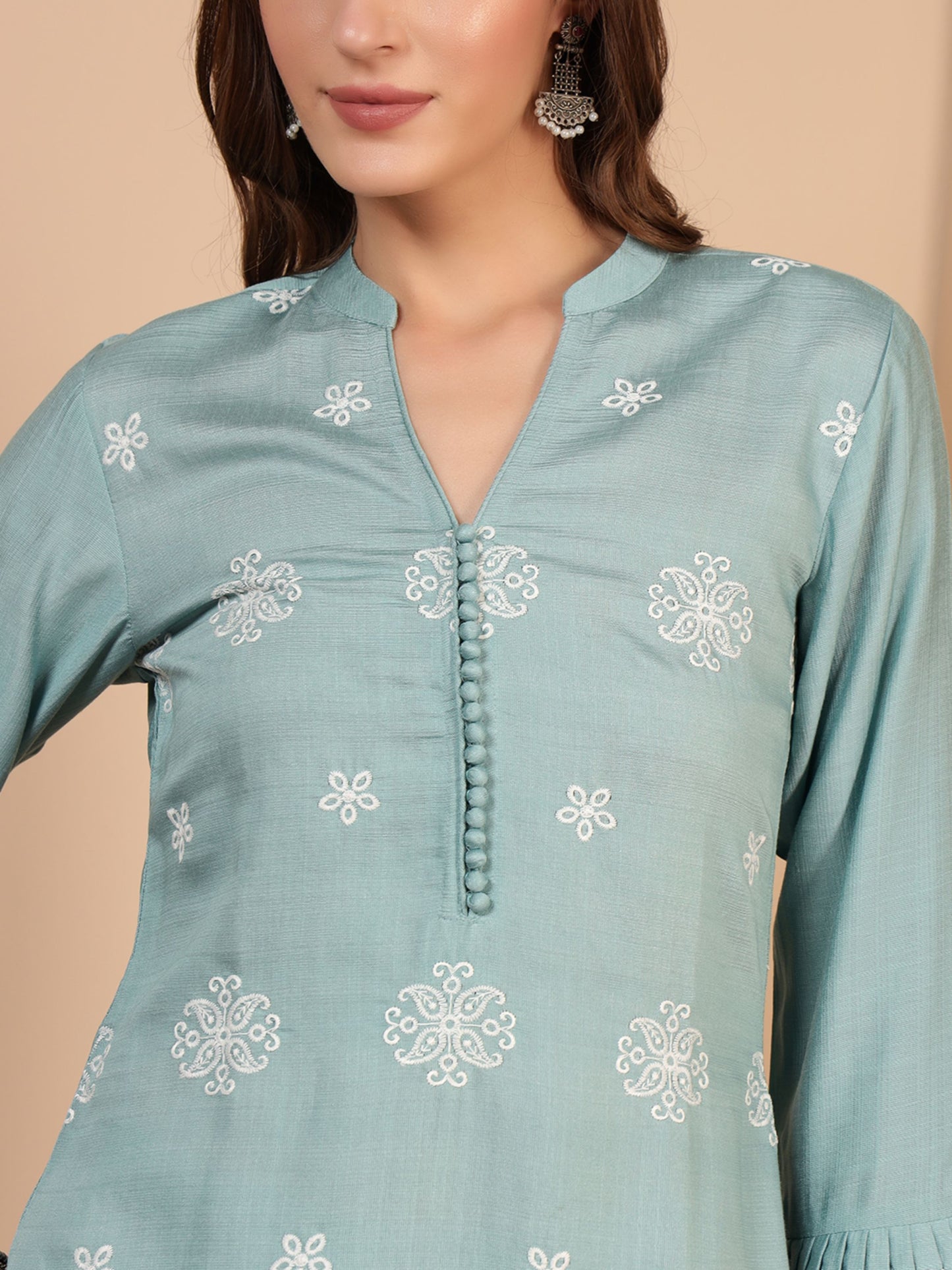 Powder Blue Embroidered Viscose Women's Kurta, Pyjama & Dupatta Set