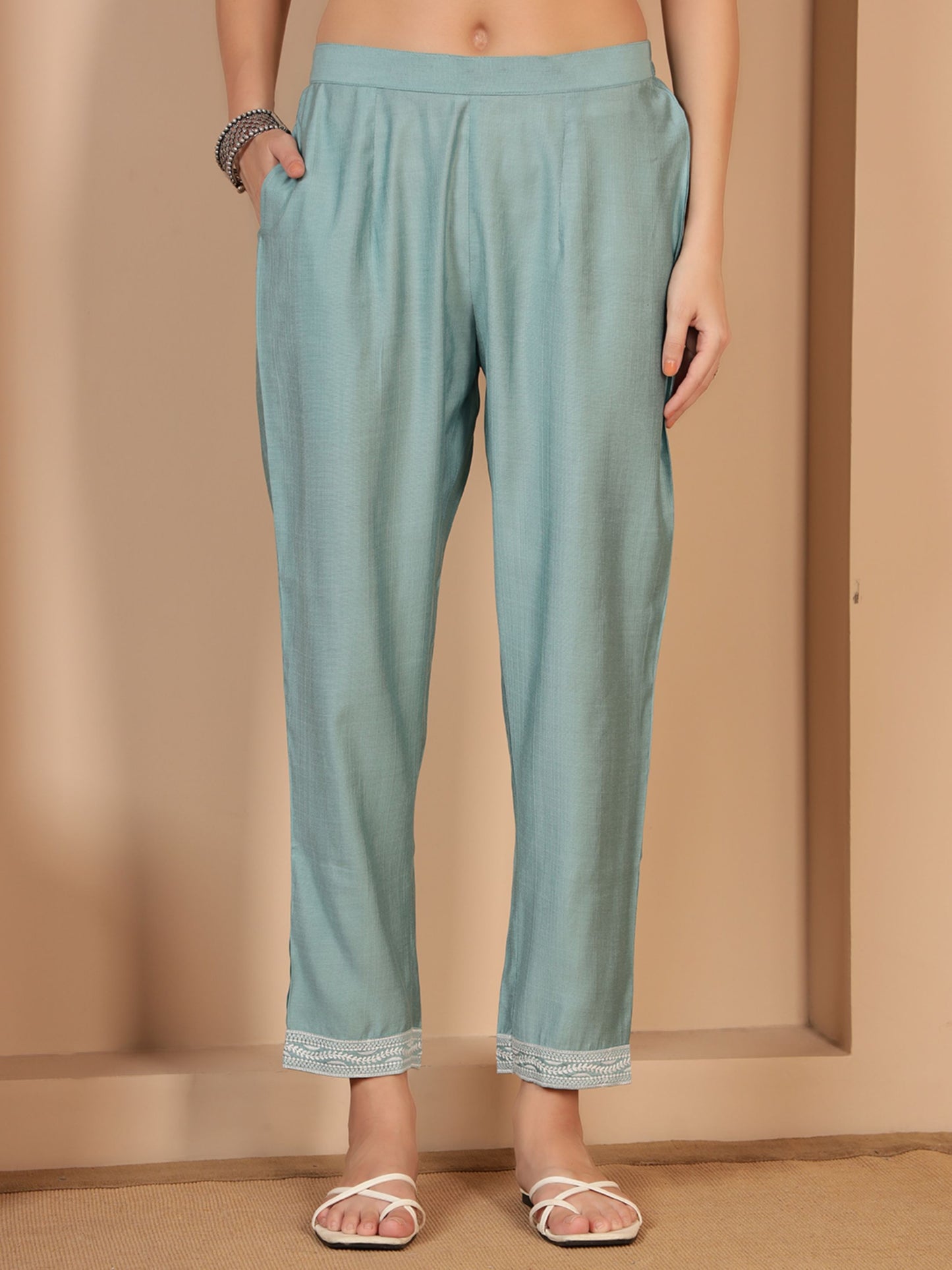 Powder Blue Embroidered Viscose Women's Kurta, Pyjama & Dupatta Set