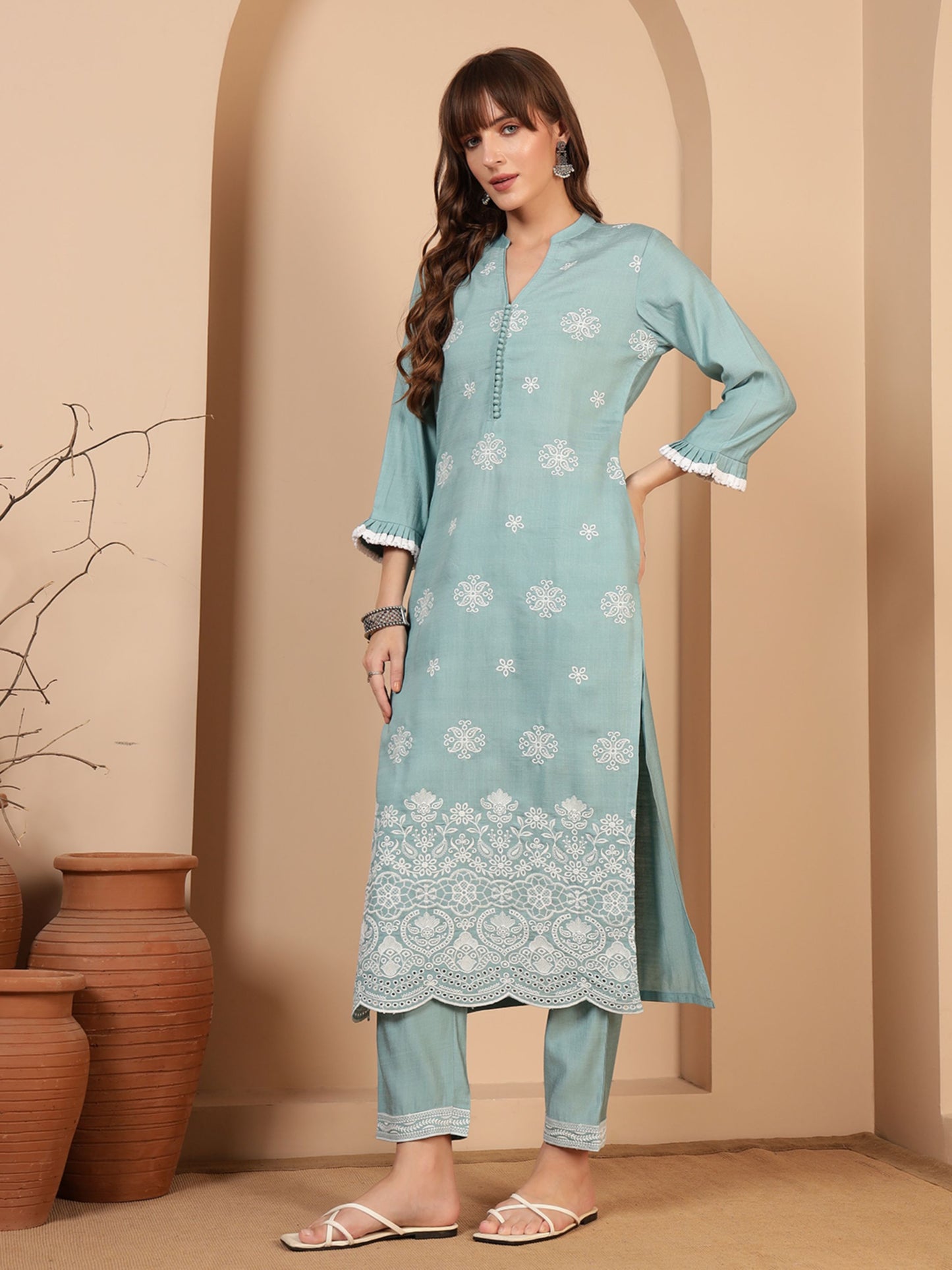 Powder Blue Embroidered Viscose Women's Kurta, Pyjama & Dupatta Set