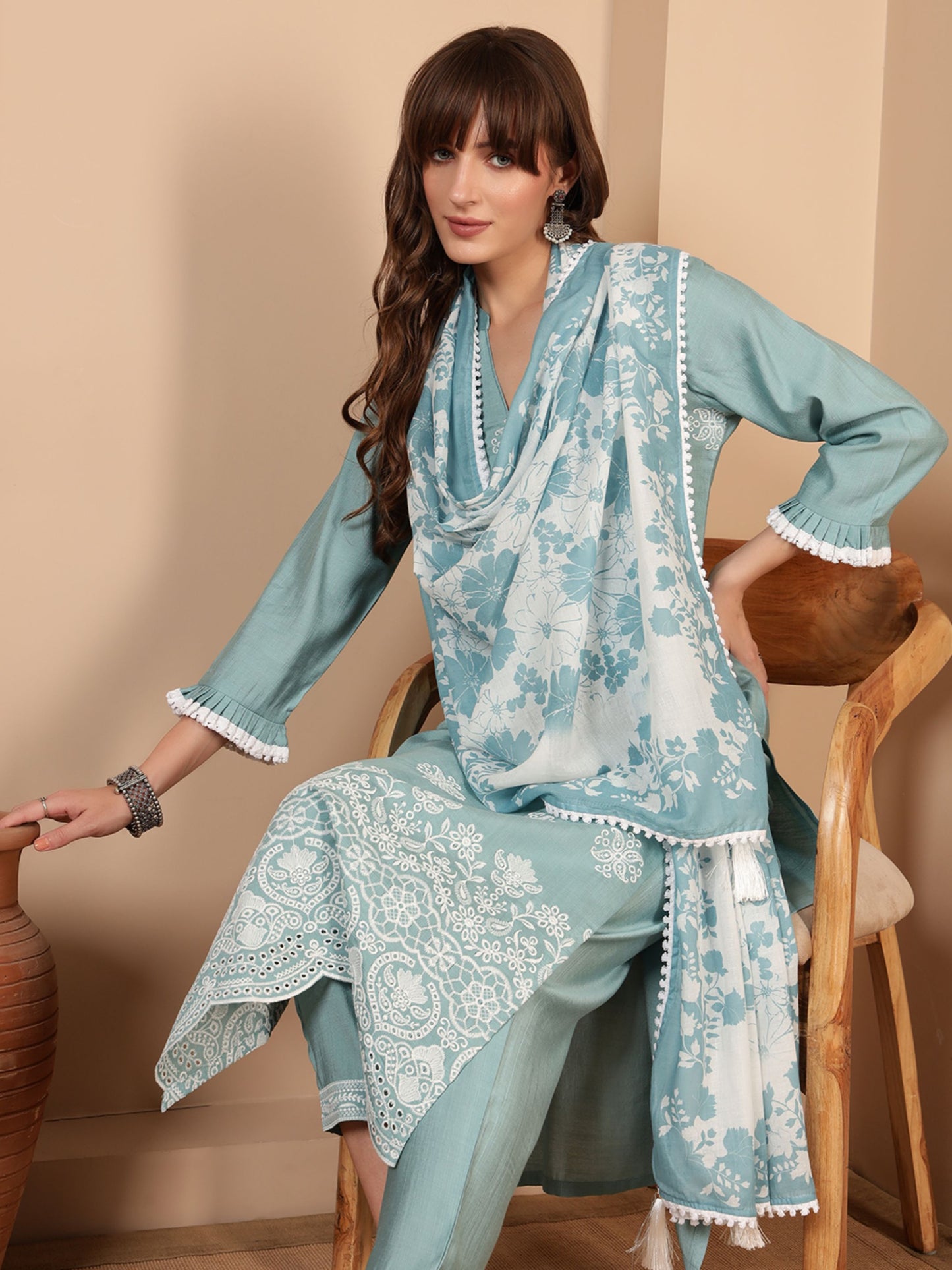Powder Blue Embroidered Viscose Women's Kurta, Pyjama & Dupatta Set