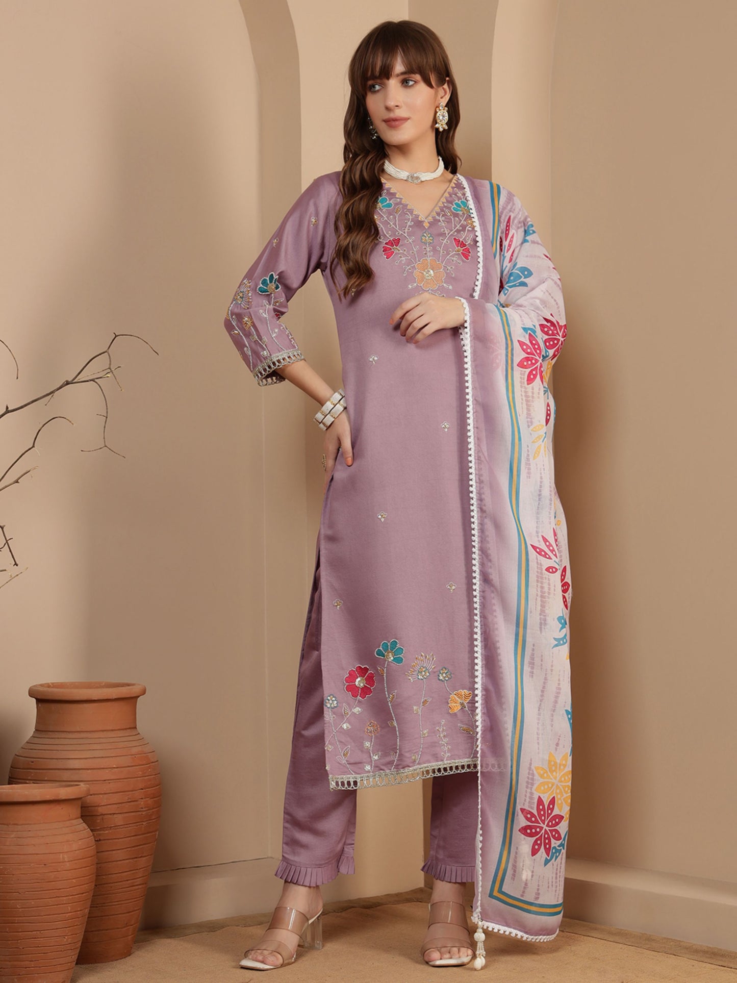 Heather Purple Embroidered Viscose Women's Kurta, Pyjama & Dupatta Set