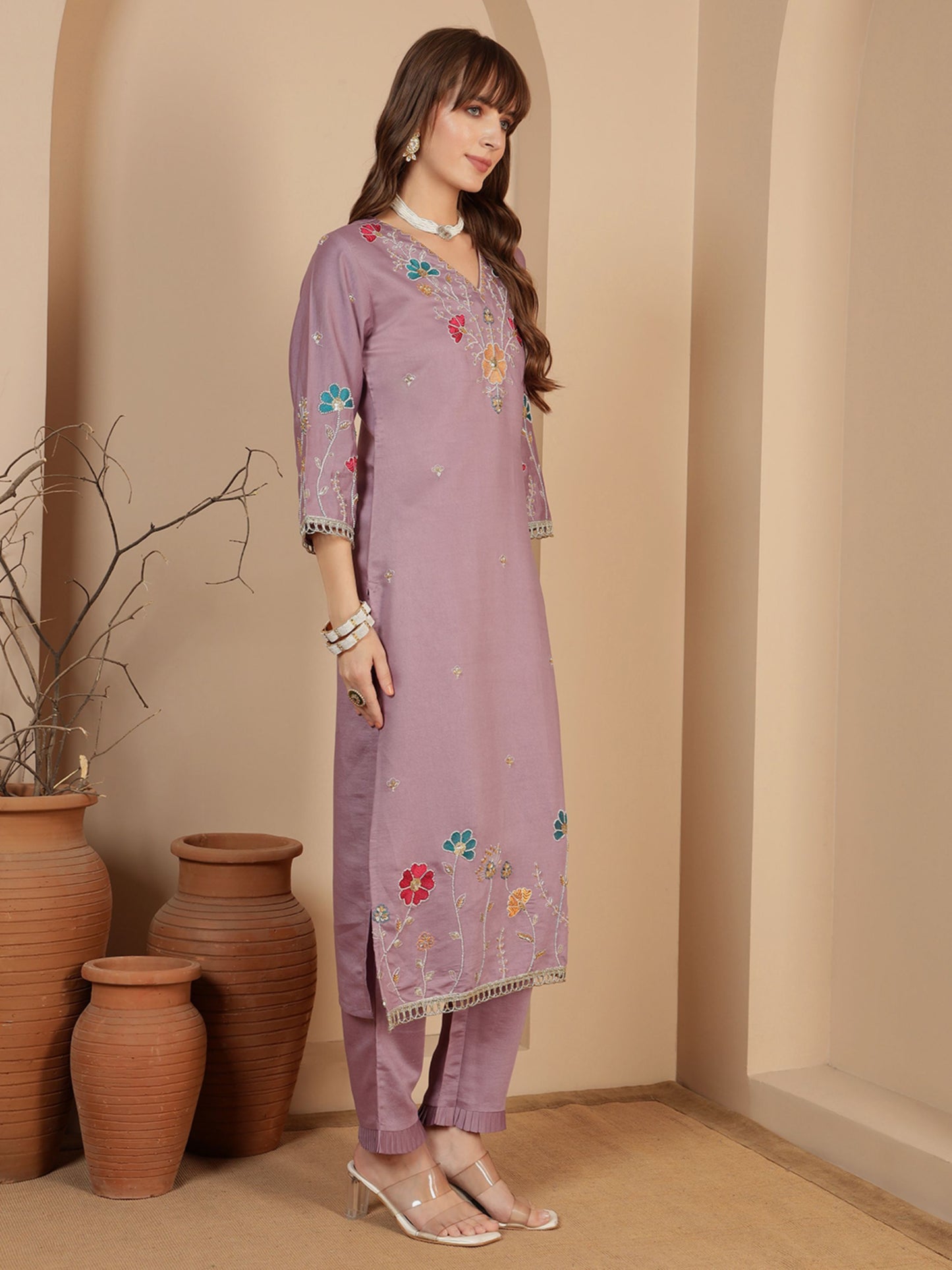 Heather Purple Embroidered Viscose Women's Kurta, Pyjama & Dupatta Set
