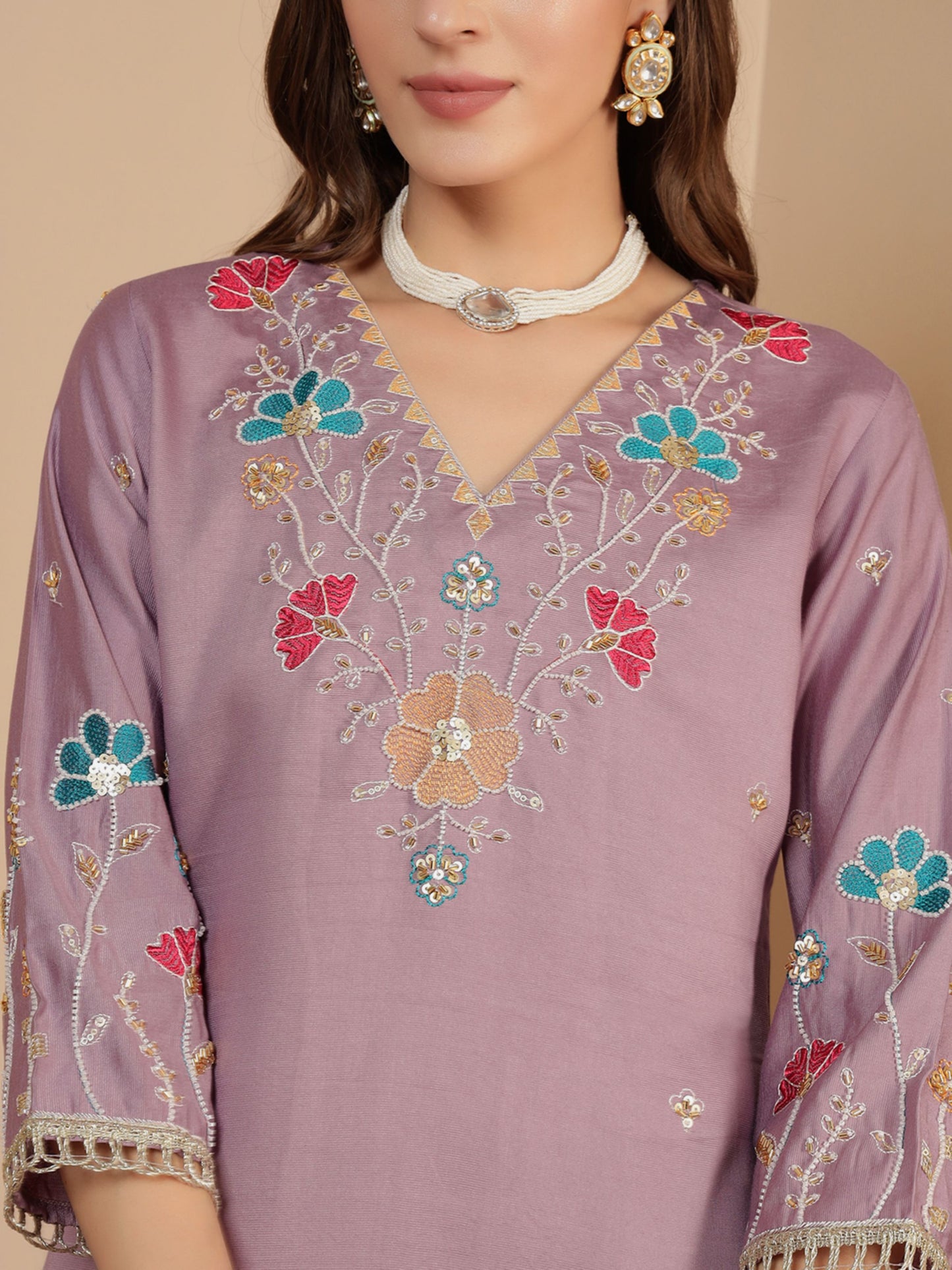 Heather Purple Embroidered Viscose Women's Kurta, Pyjama & Dupatta Set