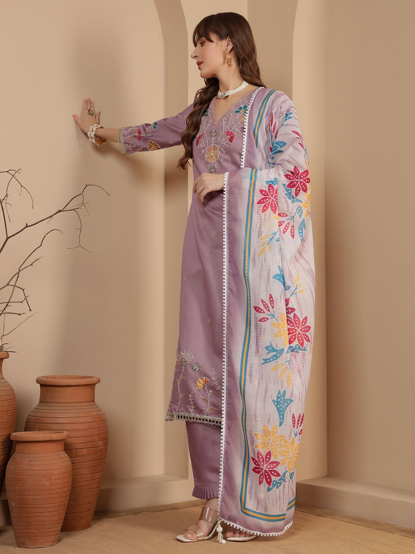 Heather Purple Embroidered Viscose Women's Kurta, Pyjama & Dupatta Set