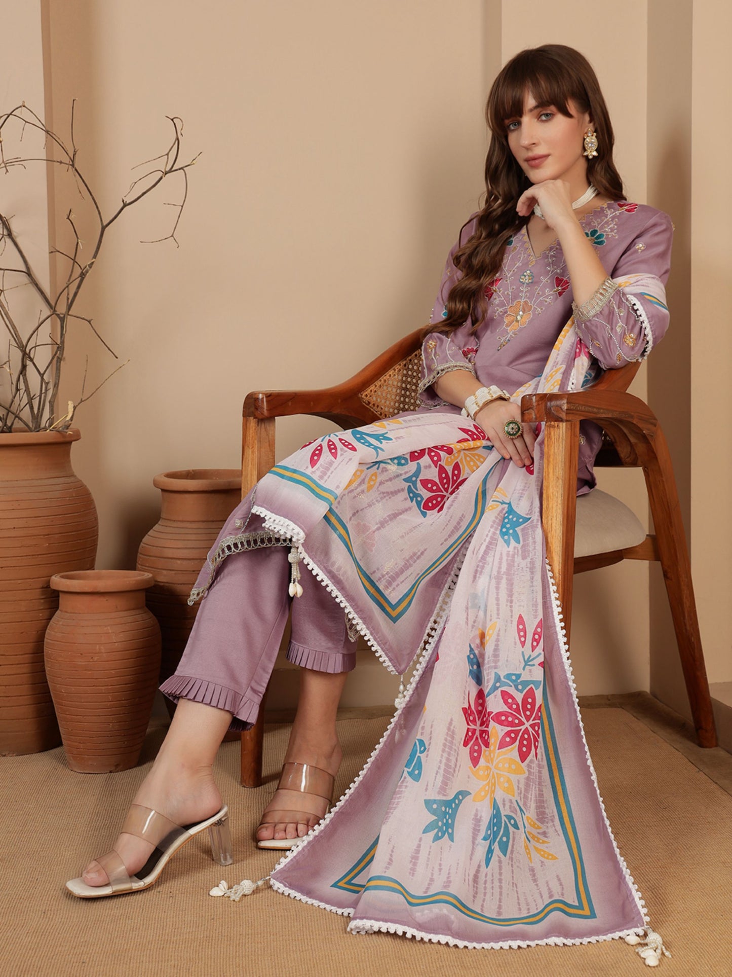 Heather Purple Embroidered Viscose Women's Kurta, Pyjama & Dupatta Set