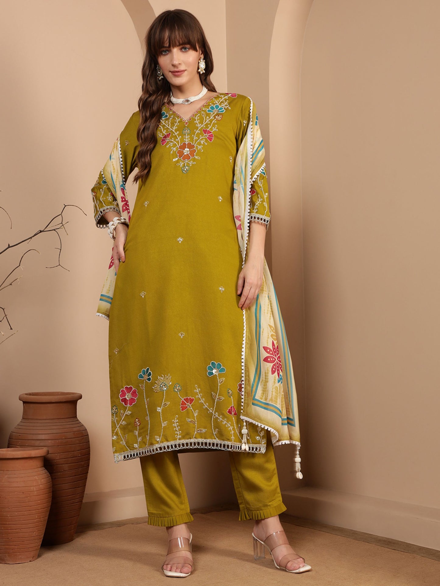 Dijon Yellow Embroidered Viscose Women's Kurta, Pyjama & Dupatta Set