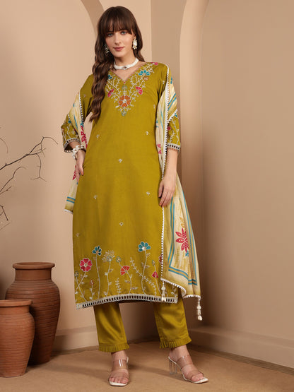 Dijon Yellow Embroidered Viscose Women's Kurta, Pyjama & Dupatta Set