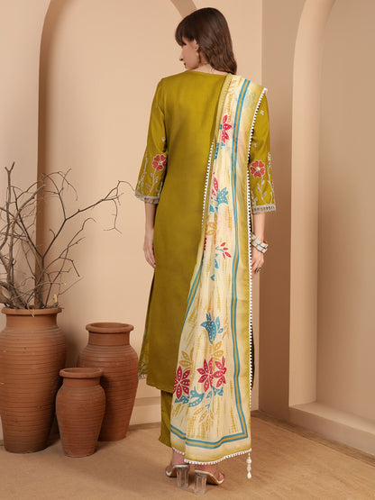 Dijon Yellow Embroidered Viscose Women's Kurta, Pyjama & Dupatta Set