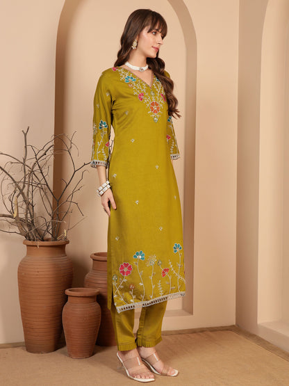 Dijon Yellow Embroidered Viscose Women's Kurta, Pyjama & Dupatta Set