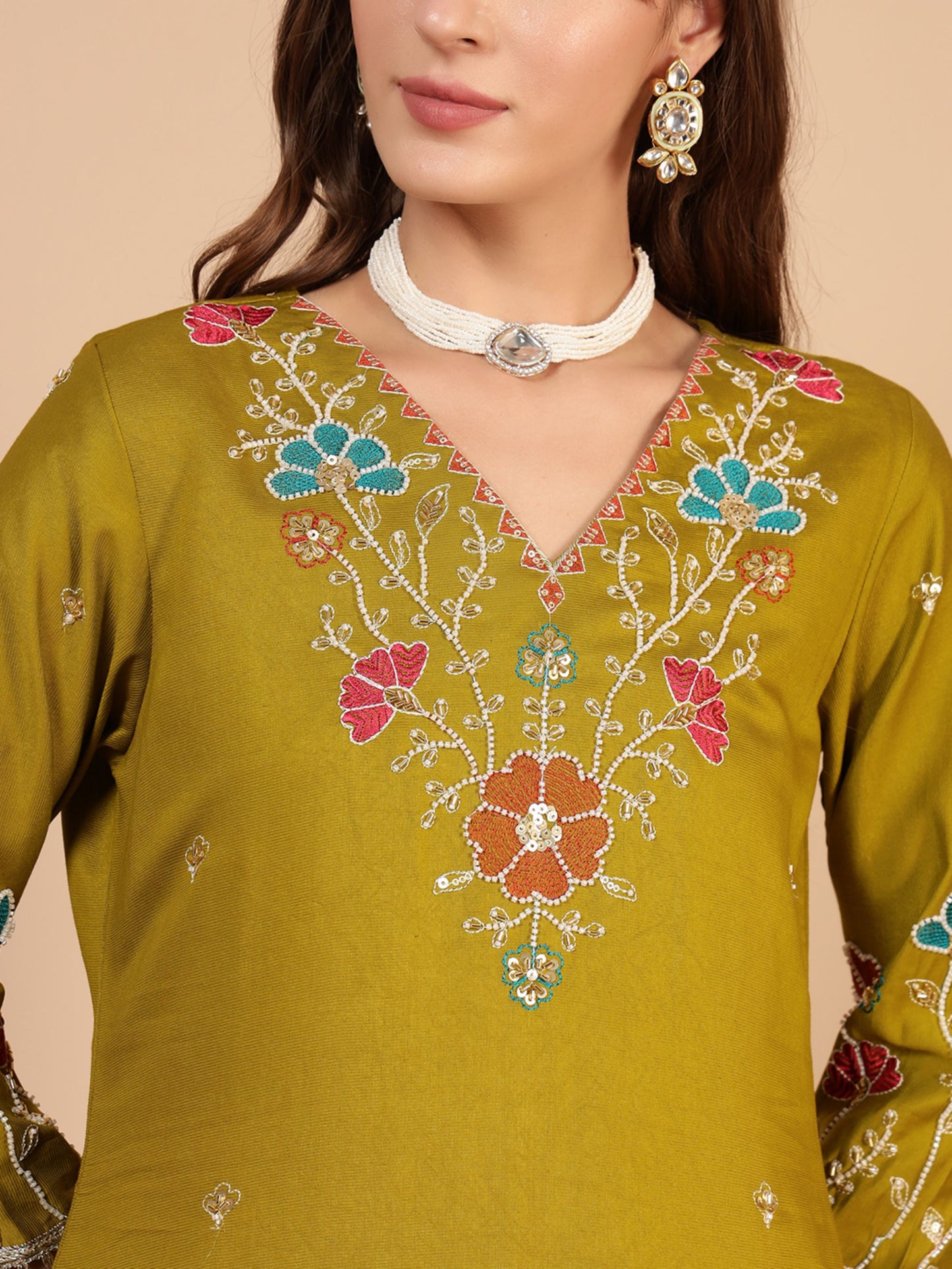 Dijon Yellow Embroidered Viscose Women's Kurta, Pyjama & Dupatta Set