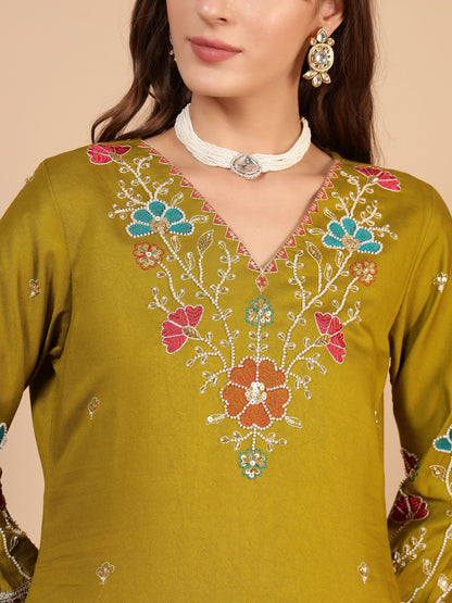 Dijon Yellow Embroidered Viscose Women's Kurta, Pyjama & Dupatta Set