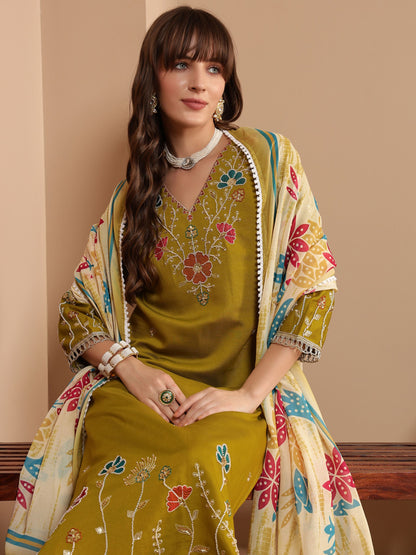 Dijon Yellow Embroidered Viscose Women's Kurta, Pyjama & Dupatta Set