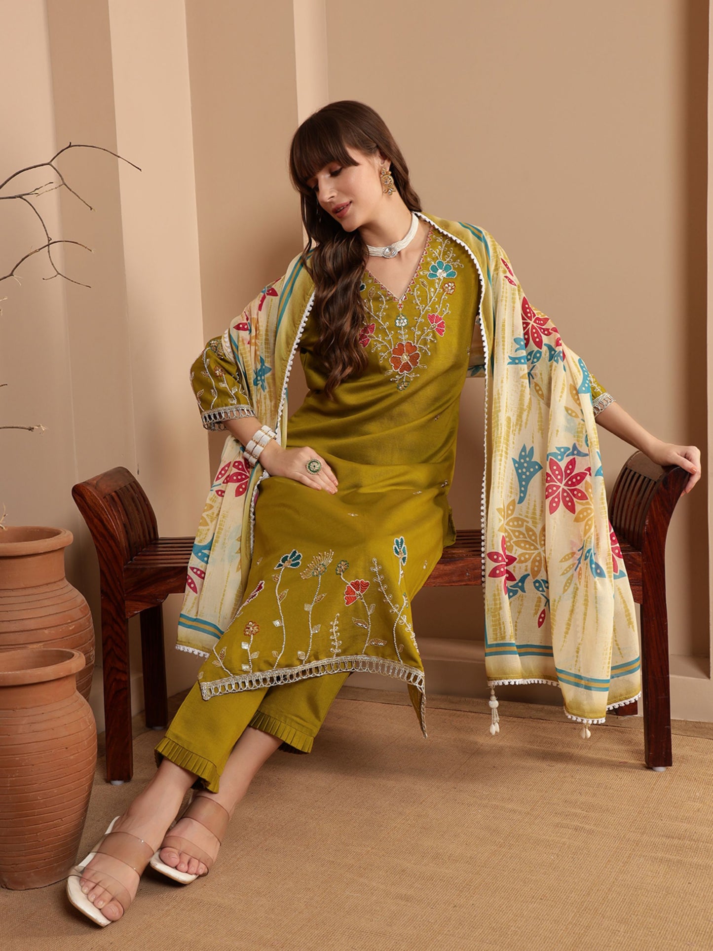 Dijon Yellow Embroidered Viscose Women's Kurta, Pyjama & Dupatta Set