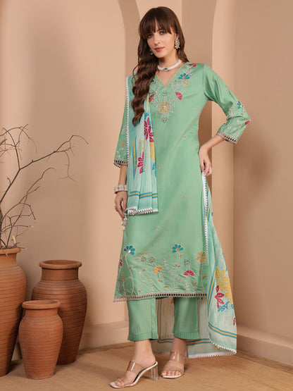 Mint Green Embroidered Viscose Women's Kurta, Pyjama & Dupatta Set