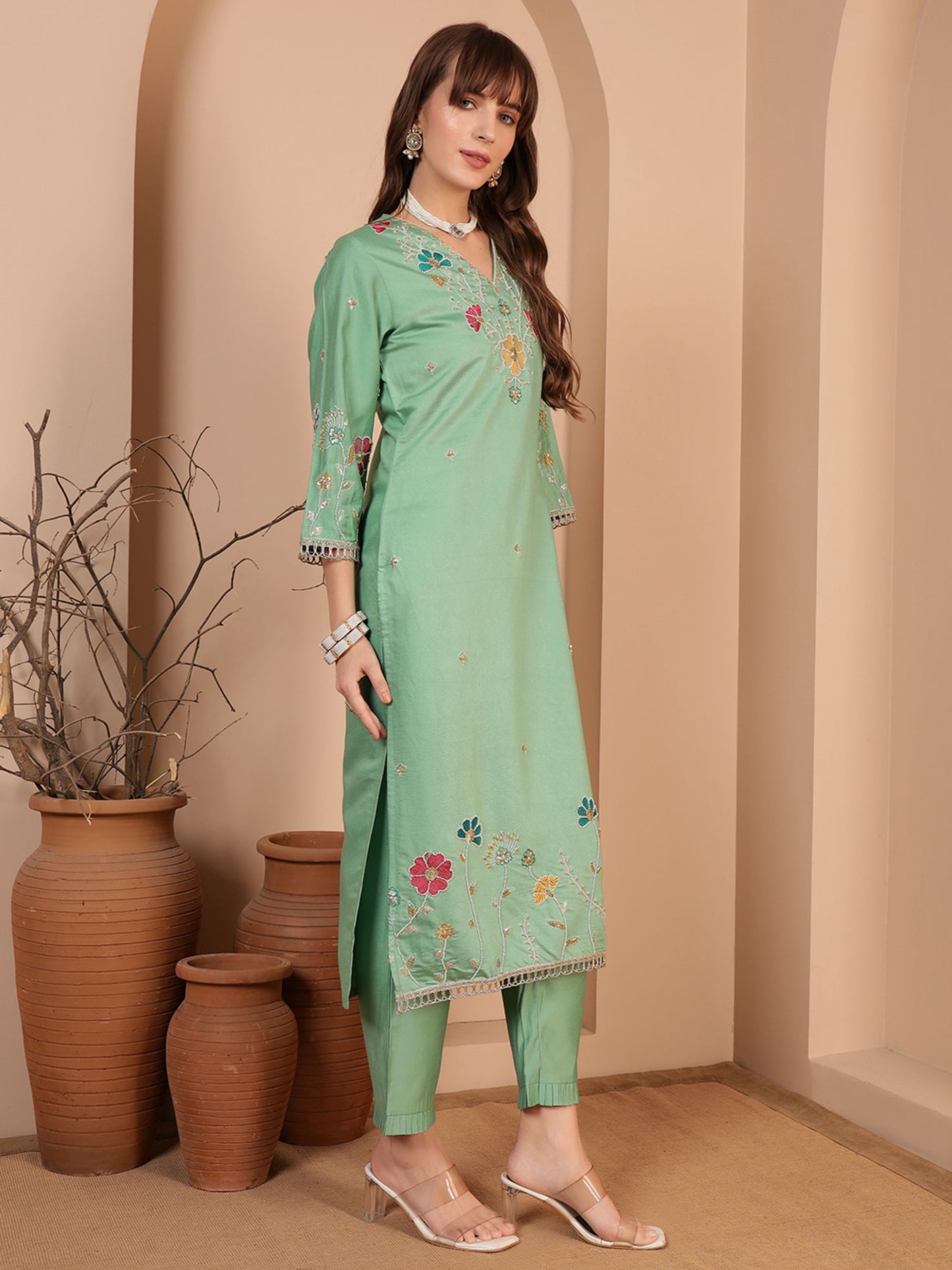 Mint Green Embroidered Viscose Women's Kurta, Pyjama & Dupatta Set