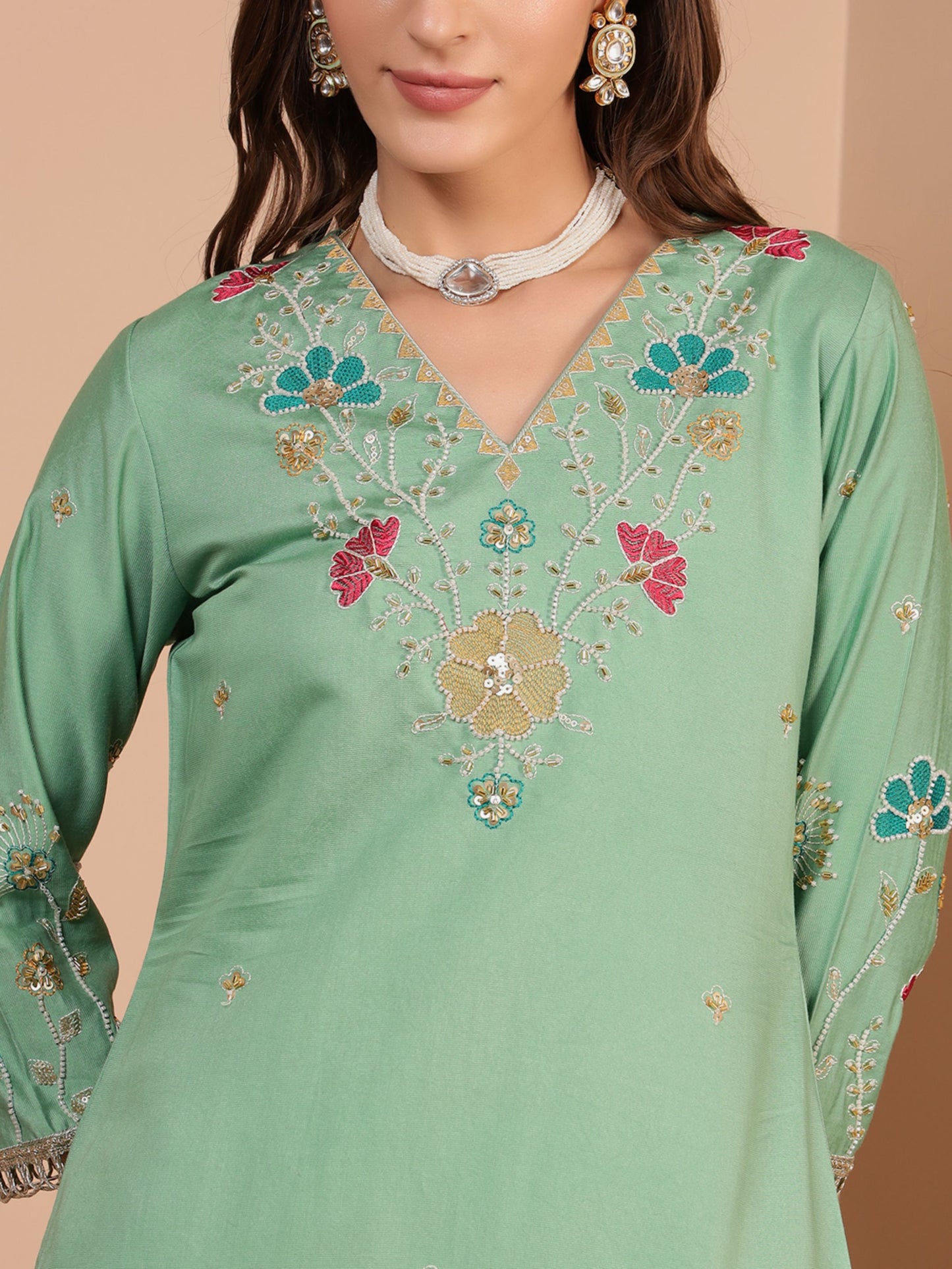 Mint Green Embroidered Viscose Women's Kurta, Pyjama & Dupatta Set
