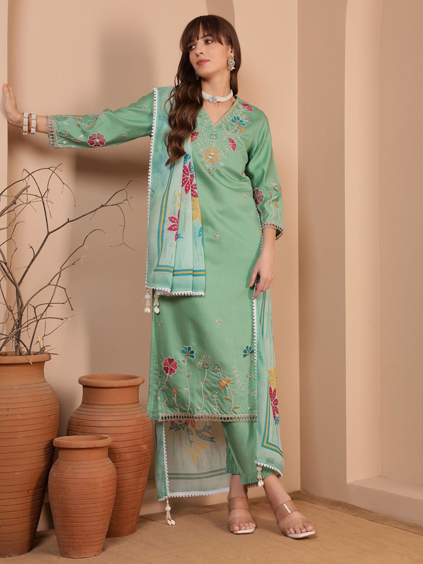 Mint Green Embroidered Viscose Women's Kurta, Pyjama & Dupatta Set