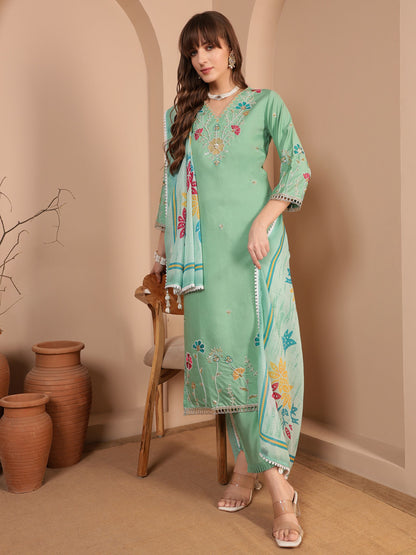 Mint Green Embroidered Viscose Women's Kurta, Pyjama & Dupatta Set