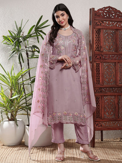 Lilac Purple Embroidered Silk Women's Kurta, Pyjama & Dupatta Set