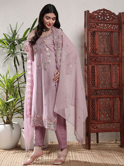 Lilac Purple Embroidered Silk Women's Kurta, Pyjama & Dupatta Set