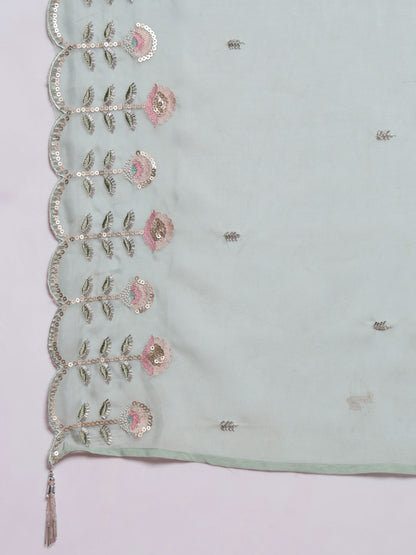 Baby Blue Embroidered Silk Women's Kurta, Pyjama & Dupatta Set