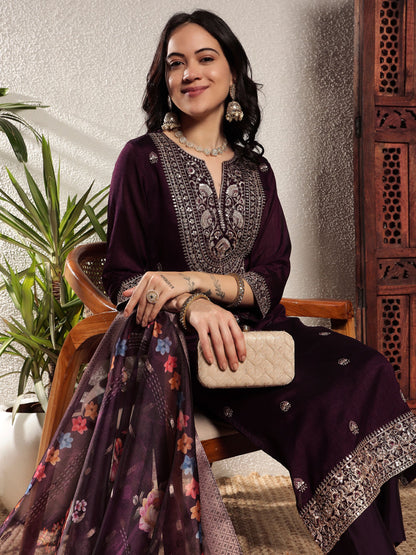 Dark Wine Embroidered Silk Women's Kurta, Pyjama & Dupatta Set