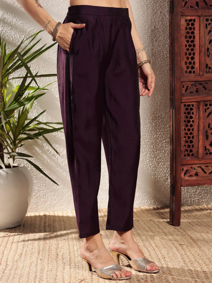 Dark Wine Embroidered Silk Women's Kurta, Pyjama & Dupatta Set