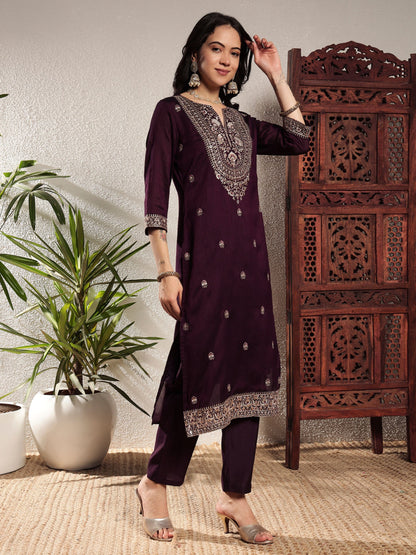 Dark Wine Embroidered Silk Women's Kurta, Pyjama & Dupatta Set