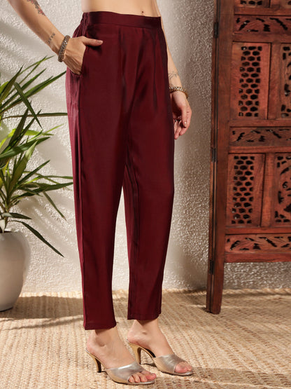 Dark Maroon Embroidered Silk Women's Kurta, Pyjama & Dupatta Set
