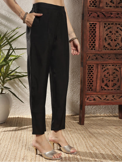 Black Embroidered Silk Women's Kurta, Pyjama & Dupatta Set