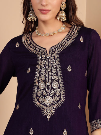Dark Purple Embroidered Silk Women's Kurta, Pyjama & Dupatta Set
