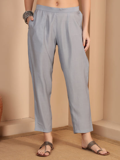 Cloud Grey Embroidered Silk Blend Women's Kurta, Pyjama & Dupatta Set