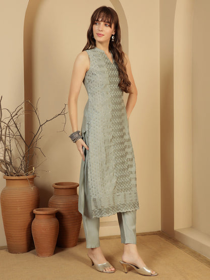 Sage Green Embroidered Silk Blend Women's Kurta, Pyjama & Dupatta Set