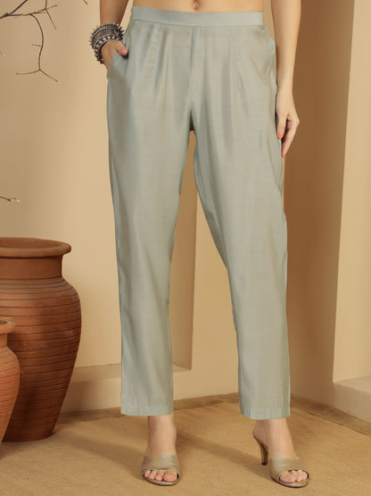 Sage Green Embroidered Silk Blend Women's Kurta, Pyjama & Dupatta Set