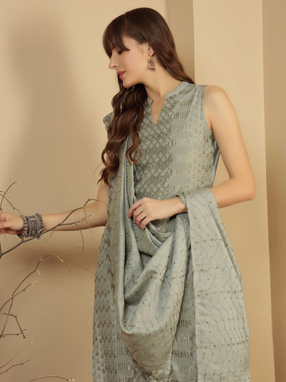 Sage Green Embroidered Silk Blend Women's Kurta, Pyjama & Dupatta Set