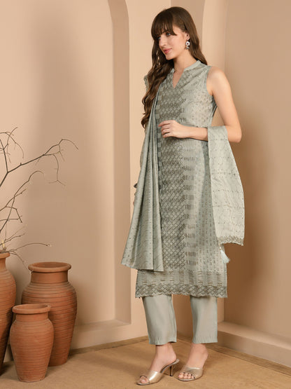 Sage Green Embroidered Silk Blend Women's Kurta, Pyjama & Dupatta Set