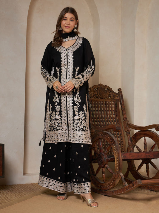 Black Embroidered Silk Women's Kurta,Palazzo and Dupatta Set