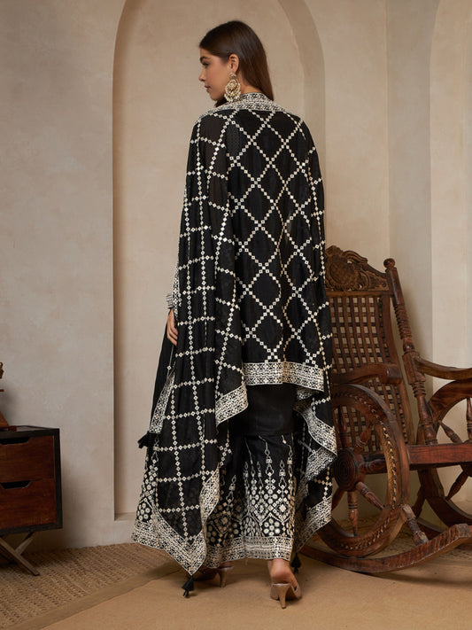 Sparkle Black Embroidered Georgette Women's Kurta,Palazzo and Dupatta Set
