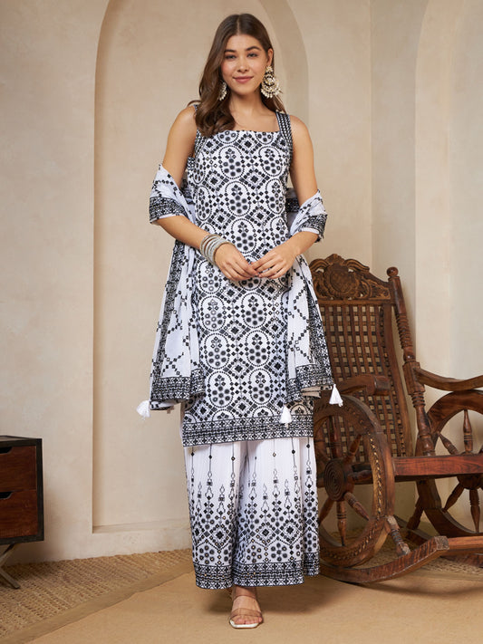 Sparkle White Embroidered Georgette Women's Kurta,Palazzo and Dupatta Set