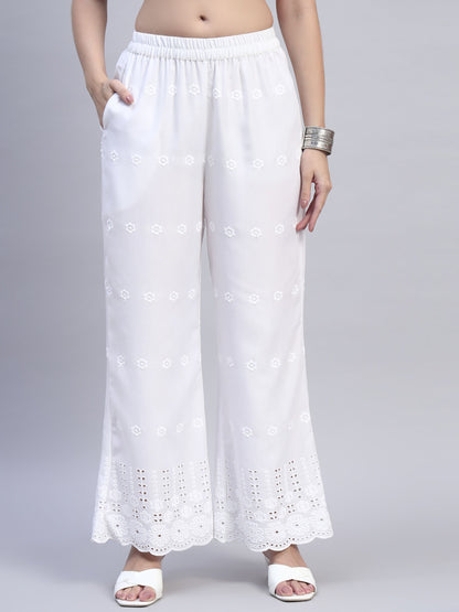 White Chikankari Cotton blend Women's Palazzo