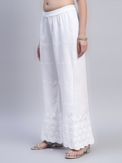 White Chikankari Cotton blend Women's Palazzo