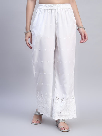 White Chikankari Cotton blend Women's Palazzo