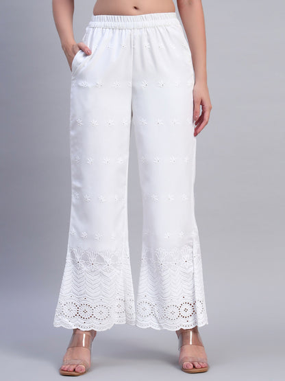 White Chikankari Cotton blend Women's Palazzo