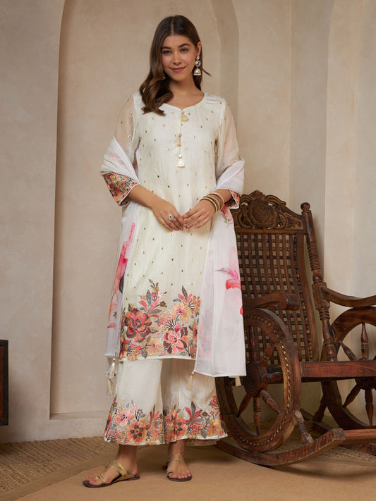 Off White Embroidered Silk Women's Kurta,Palazzo and Dupatta Set