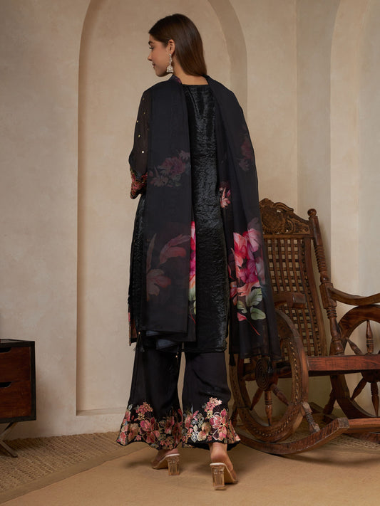 Black Embroidered Silk Women's Kurta,Palazzo and Dupatta Set