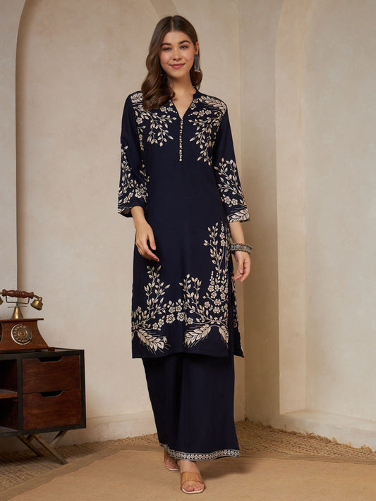 Navy Blue Printed Rayon Women's Kurta and Palazzo Set