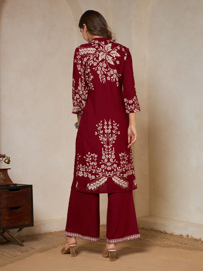 Wine Printed Rayon Women's Kurta and Palazzo Set