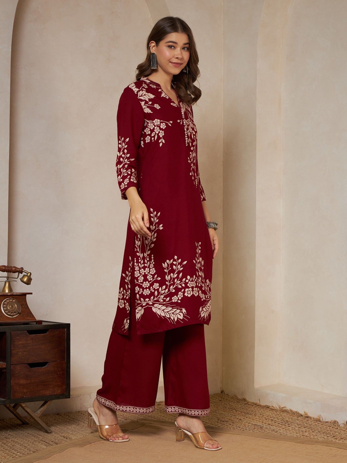 Wine Printed Rayon Women's Kurta and Palazzo Set